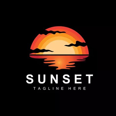 Sunset beach logo design seascape red day Vector Image Sunset Logo Design, Beach Logo Design, Flying Hawk, Sunset Illustration, Sunset Color Palette, Sunset Logo, Beach Logo, Media Advertising Design, Sunset Color