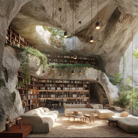 cave dwelling x luxury ✨🖤 - Carved into a forgotten island, this multi-level sanctuary blends modern luxury with ancient tradition. Natural light graces a cave pool, whispering tales of nature and designs’ coexistence 🧚‍♂️ - #cavedweller #islandliving🌴 #architecturaldetails #architecturaldesigns #organicarchitecture #contemporarystyle #contemporarydecor #ancientarchitecture #naturallighting #midjourneyarchitecture #luxuryarchitecture #interiordesigncommunity #architecturephotography #biophili... Cave Inspired Architecture, Cave House Interior, Cave Architecture, Cave Interior, Nature Library, Cottage Mansion, Cave Dwelling, Cave Houses, Cave Pool