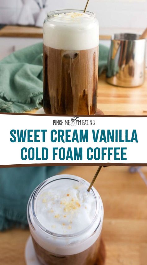 Learn how to make cold foam for coffee just like Starbucks! This DIY sweet cream cold foam recipe will take your homemade coffee shop style iced drinks to the next level. How To Make Sweet Cold Foam, Low Calorie Cold Foam, How To Make Starbucks Cold Foam, Flavored Cold Foam Recipe, Sweet Foam For Coffee, Sweet Cold Foam How To Make, Sweet Cold Foam Recipe, Drinks With Cold Foam, Coffee Foam Recipe