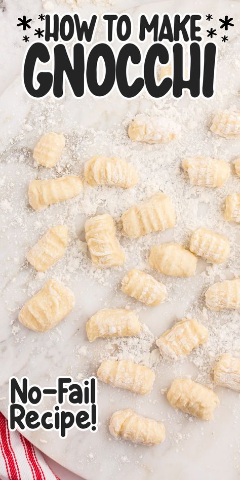 Enjoy soft and comforting homemade potato gnocchi that has just five pantry-staple ingredients. Toss with butter, fresh herbs, and seasoning! Best Gnocchi Recipe, Gnocchi From Scratch, Homemade Potato Gnocchi, Make Gnocchi, Gnocchi Recipes Easy, Gnocchi Recipes Homemade, Gnocchi Dishes, How To Cook Gnocchi, Making Gnocchi