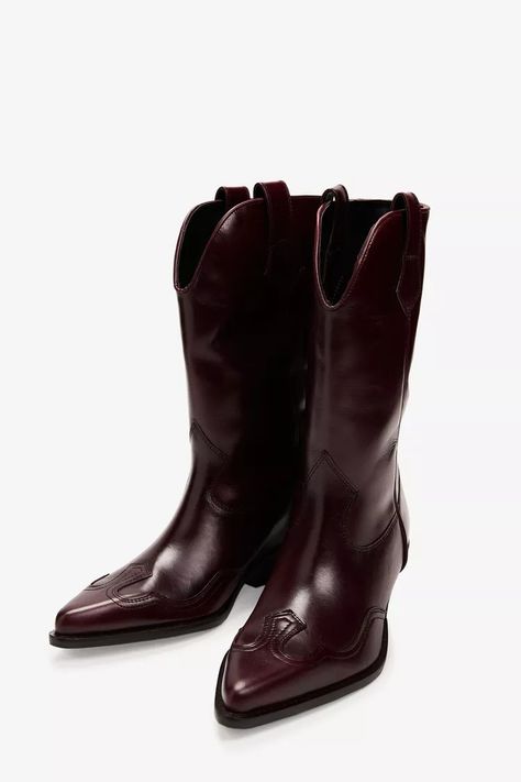 LEATHER COWBOY BOOTS - Burgundy Red | ZARA United Kingdom Women Heel Boots, Cowboy Ankle Boots, Burgundy Boots, Boot Style, Leather Cowboy Boots, Cardigan Sweater Dress, Cowboy Style, Leather Shirt, Cow Boy