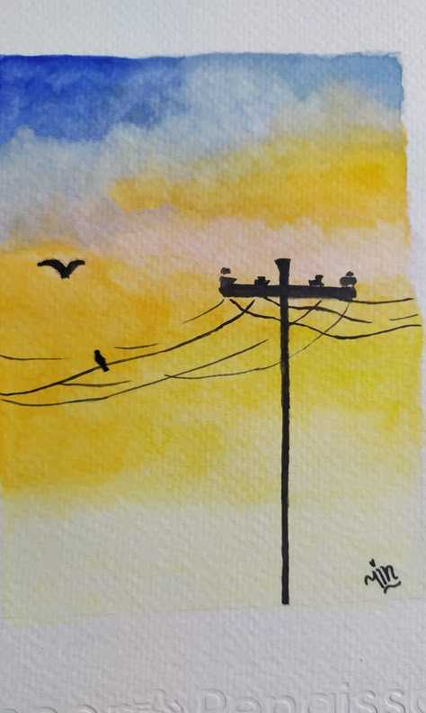 Power Line Painting, Power Lines Painting, Wire Drawing, Watercolor Sky, Watercolor Sunset, Caricature Drawing, Card Drawing, Tempera, Easy Watercolor