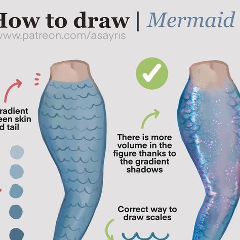 @asayris_tutorials on Instagram: "How to improve a mermaid tail drawing! 💙 Full step-by-step written tutorial available on my Patreon ⭐️  #arttips #mermaid #arttutorial #sketch" How To Draw Scales Mermaid, Mermaid How To Draw, How To Draw Mermaid Tail, Mermaid Tops Drawing, How To Draw A Mermaid Tail, Mermaid Scales Drawing, Mermaid Ych, Fish Drawing Reference, Mermaid Drawing Base