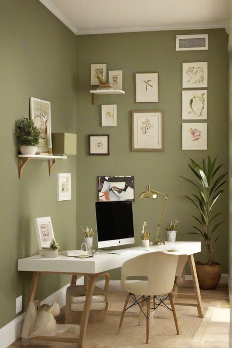 interior design,home decor,wall painting,home office Green Wall Office Design, Home Office Sage Green, Sage Green Office Ideas, Sage Green Home Office, Green Study Room, Light Green Office, Mint Green Office, Sage Green Office, Green Office Ideas