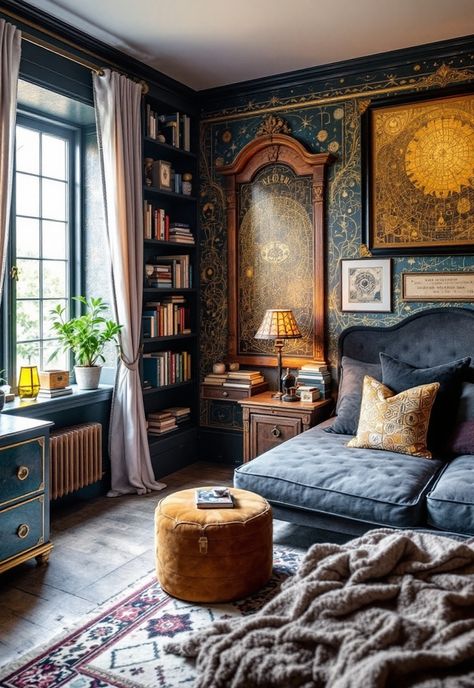 Boho Witchy Bedroom Tarot Reading Room Ideas, Witchy Cottage Bedroom, Cozy Witchy Bedroom, Bedroom Sanctuary Ideas, Cryptic Symbols, Boho Witchy Bedroom, Tarot Reading Room, Witchy Living Room, Whimsigoth Room