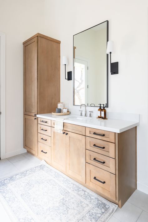 Bathroom Vanity With Linen Cabinet, Vanity With Linen Cabinet, Primary Bathroom Remodel, Oak Bathroom, Wood Bathroom Vanity, Primary Bathroom, Copper Design, Master Bath Remodel, Downstairs Bathroom