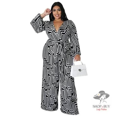 😍Check out this product 👉 $55.99 👉 www.shopxbuy.com #bestseller #fashion #ladies #lady #plus-size-jumpsuits---rompers #sexy #trend #women Classy Jumpsuit Outfits, Black And White Clothing, Jumpsuit V Neck, Full Sleeves Design, Camouflage Fashion, Wide Leg Pants Outfit, Printed Pants Style, Stretch Jumpsuit, Romper Designs