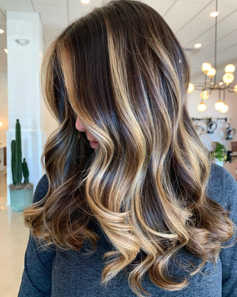 40 Partial Balayage Styles for a Perfect Look in 2023 - Hair Adviser Partial Dimensional Highlights, Black Hair With Foils, 2023 Balayage Trends, Full Foil Highlights Brunettes, Foils For Dark Hair, Half Head Foils Blonde On Brown Hair, Partial Foil Highlights Brunette, Half Head Balayage, Vertical Highlights