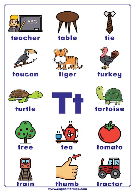 English alphabet poster to learn letter T Letter T Pictures For Preschool, T Words Letter, Letter T Flashcards, T Pictures Letter, Letter T Worksheets Kindergarten, Letter T Pictures, T Is For, T Worksheets Preschool, Letter T Worksheets For Preschool