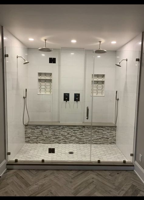 Double Head Shower Ideas With Bench, His And Hers Walk In Shower Ideas, Big Double Shower Ideas, Showers For 2 People, Master Shower Corner Bench, Bathroom Ideas Two Shower Heads, Bathroom Large Shower Ideas, Big Shower With Bench, Master Bath With Separate Shower And Tub