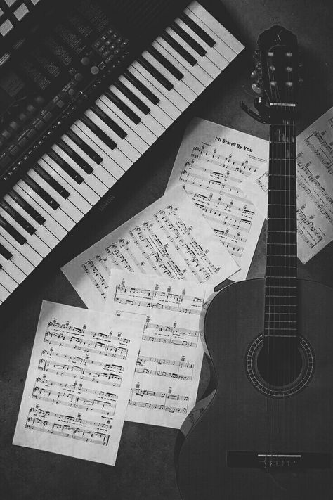 Guitar And Piano Aesthetic, Music Aesthetic Black And White, Keyboardist Aesthetic, Black And White Aesthetic Music, Black And White Music Aesthetic, Band Astethic, Guitar Asthetics, Black Guitar Aesthetic, Musical Instruments Aesthetic