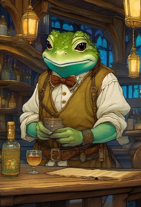 Bullywug Character Design, Dnd Octopus Race, Dnd Frog Race, Frog People Dnd, Dnd Tavern Keeper Art, Goblin Bartender, D&d Shopkeeper, Bartender Fantasy Art, Tavern Character Design