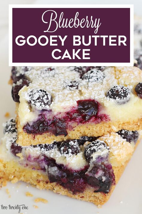 This blueberry gooey butter cake is so flavorful! The perfect blueberry dessert! #blueberry #gooeybuttecake #dessert #recipe Blueberry Butter Cake Recipe, Gooey Butter Cake Variations, Gooie Butter Cake Easy, Blueberry Yellow Cake Mix Recipe, Blueberry Cake Mix Recipes, Gooey Dessert Recipes, Butter Cake Gooey, Blueberry Gooey Butter Cake, Blueberry Butter Cake