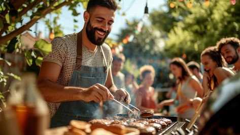 Joyful Barbecue Party: Smiling man enjoying grilling delicious food on a sunny day at an outdoor barbecue party with friends. #barbecue #party #summer #grilling #friends #aiart #aiphoto #stockcake ⬇️ Download and 📝 Prompt 👉 https://ayr.app/l/9yht Barbecue With Friends, Barbeque Photography, Bbq With Friends, Family Bbq Aesthetic, Barbecue Food Photography, Bbq Lifestyle Photography, Outdoor Bbq Party, Bbq Guys, Bbq Brands