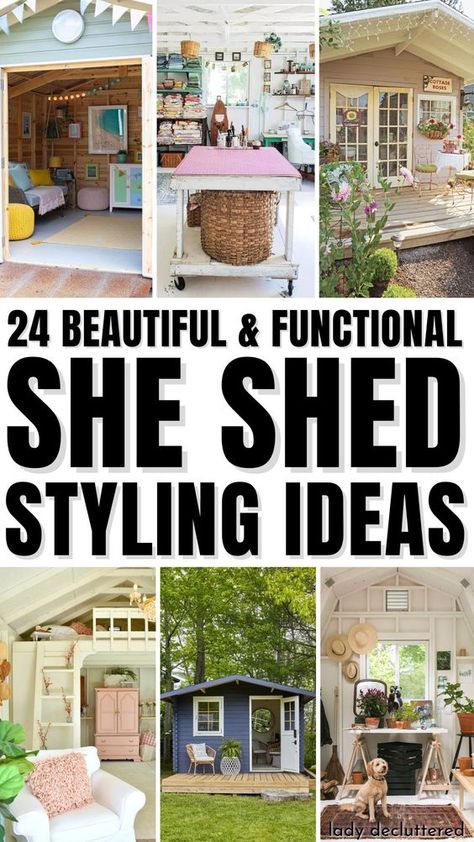 Whether you are looking for a quiet retreat to unwind after a long day or a creative space to work on your favorite hobbies, a she shed can be the perfect solution. With the right she shed styling ideas, you can transform your garden shed into a stunning oasis that is both functional and beautiful. - Lady Decluttered | She Shed Decorating Ideas She Shed Desk Ideas, She Shack Ideas, She Shed House Tiny Homes, Small Shed Conversion, Small She Shed Interiors Decor, She Shed For Crafting, Storage Shed To She Shed, She Shed Inspiration, Shed Furniture Ideas