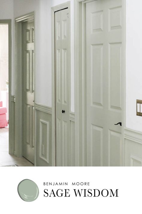 Light Green Interior Doors, Olympic White Sage Paint, Green Walls With Black Doors, White Sage Olympic Paint, Painted Kitchen Doors Interior, Sage Doors Interior, Internal Doors Painted, White House Sage Trim, Sage Interior Doors