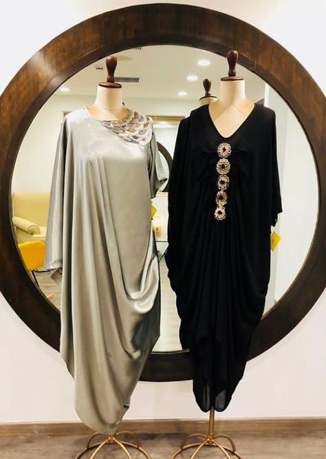 Drape Dresses Indo Western, Drape Dresses, Kaftan Designs, Western Dresses For Women, Cowl Dress, Draping Fashion, Drape Dress, Party Wear Indian Dresses, Fashionista Clothes