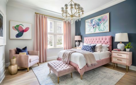 Pink And Navy Bedrooms, Girls Bedroom Color Ideas, Dark Blue And Pink Bedroom, Navy And Pink Bedroom, Pink And Navy Bedroom, Pink And Blue Bedroom, Bedroom Color Scheme Ideas, Light Pink Bedrooms, Pink And Grey Bedroom