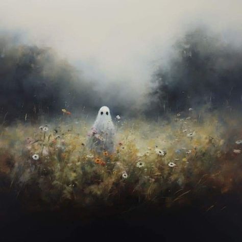 Landscape Ghost Painting, Spooky Woods Painting, Ghost Vintage Painting, Ghost Oil Painting, Ghost Painting Cute, Sheet Ghost Painting, Halloween Landscape Art, Halloween Oil Painting, Vintage Ghost Painting