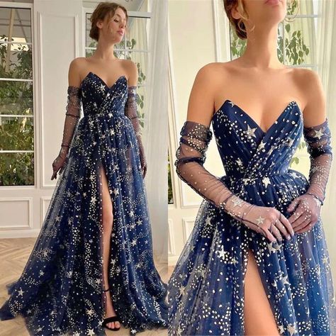 Teuta Matoshi Celestial Stars Gown, Moon Star Dress, Dark Blue Starry Dress, Galaxy Sweet 16 Dress, Astronomy Themed Birthday Party, Night Sky Wedding Dress, Galaxy Inspired Dress, Space Themed Wedding Dress, Dark Blue Fantasy Dress