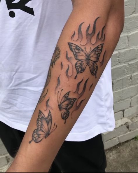 Butterfly Tattoo With Flames, Butterfly 999 Tattoo, Butterflies Sleeve Tattoo, Female Arm Tattoos Ideas Half Sleeves Unique, Fire Tattoos For Women, Butterfly Flame Tattoo, Flaming Butterfly Tattoo, Burning Butterfly Tattoo, Butterfly On Fire Tattoo