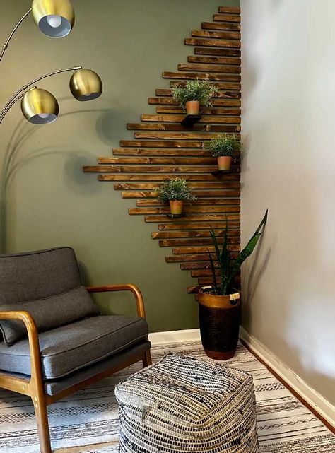 Corner Slat Wall, Wood Stick Decor, Diy Slat Wall, Wood Wall Design, Chop Saw, Wall Feature, Wood Slat Wall, Pine Boards, Wood Accent Wall