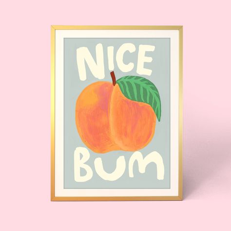 Nice Peachy Bum Print - A4 Peach Bathroom, Peach Illustration, Pastel Blue Background, Birthday Invitation Card, Bathroom Prints, Free Birthday, Our Birthday, Bathroom Art, Bathroom Wall Art