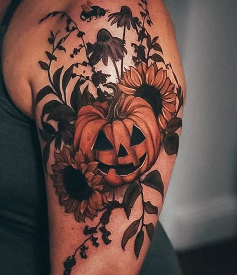 Spooky Arm Tattoos For Women, Halloween Witch Tattoo Ideas, Halloween Themed Thigh Tattoos, Female Halloween Tattoos, Halloween Tattoo Women, Halloween Moon Tattoo Ideas, Fall Sleeve Tattoos For Women, Halloween Theme Sleeve Tattoo, Large Halloween Tattoo