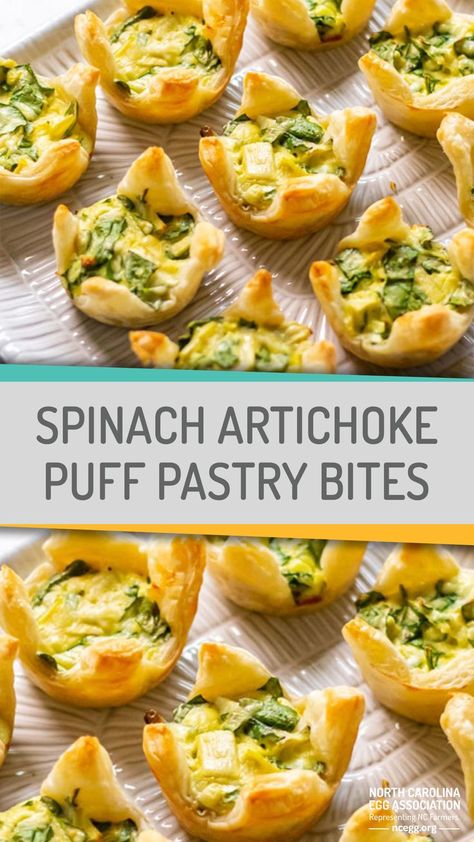 Spinach Artichoke Puff Pastry, Artichoke Puff Pastry, Puff Pastry Recipes Appetizers, December Recipes, Puff Pastry Bites, Pastry Cups, Spinach Puff Pastry, Pastry Bites, Spinach And Bacon