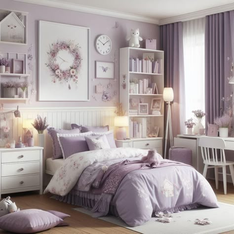 Neutral Purple Bedroom, Purple Grey And White Bedroom Ideas, Girls Light Purple Bedroom, Lavender Teen Bedroom, Dusty Lavender Bedroom, Purple Pastel Bedroom, Lavendar Bedroom Aesthetic, Purple And White Room Ideas, Lilac Rooms