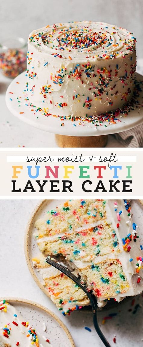 This is the BEST funfetti cake recipe! It's super moist, soft, and loaded with vanilla and sprinkles. It's smothered in a simple American buttercream to make a perfect classic birthday cake. #funfetti #birthdaycake #funfetticake #layercake #butternutbakery | butternutbakeryblog.com Butternut Bakery Funfetti Cake, Best Homemade Funfetti Cake, Homemade Confetti Cake Recipes, Layered Confetti Cake, Vanilla Confetti Cake, Diy Funfetti Cake Recipe, Funfetti Cake Chocolate Frosting, Homemade Smash Cake Recipe, Gluten Free Dairy Free Funfetti Cake