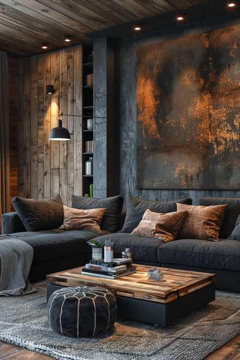 black and brown living room, dark living room, modern living room,living room decor, living room inspiration Charcoal And Wood Living Room, Industrial Black Living Room, Wood Inspired Living Room, Bronze House Decor, Dark Wood And Metal Decor, Spare Living Room Idea, Black Rustic House Interior Design, Dark Forest Aesthetic Living Room, Black And Tan Leather Living Room