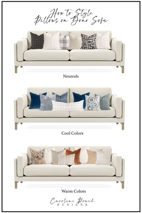 how to style pillows on a sofa or sectional! my 3 tips on how to find pillows + what to look for when mixing patterns and textures. Cushion Placement On Sofa, Cream Couch Pillows, Sofa Cushions Arrangement, Beige Sofa Living Room, Blue Sofa Living, Neutral Sofa, Craft Spaces, Mixing Patterns, Living Room Decor Gray