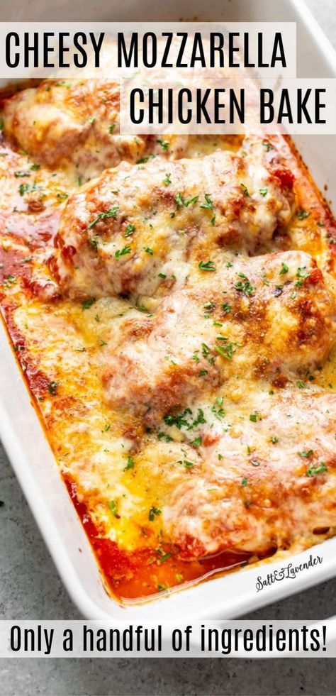 Mozzarella Chicken Bake, Cheesy Chicken Bake, Chicken Breast Recipes Baked, Mozzarella Recipes, Mozzarella Chicken, Chicken Bake, Easy Chicken Dinner Recipes, Breast Recipe, Tender Chicken