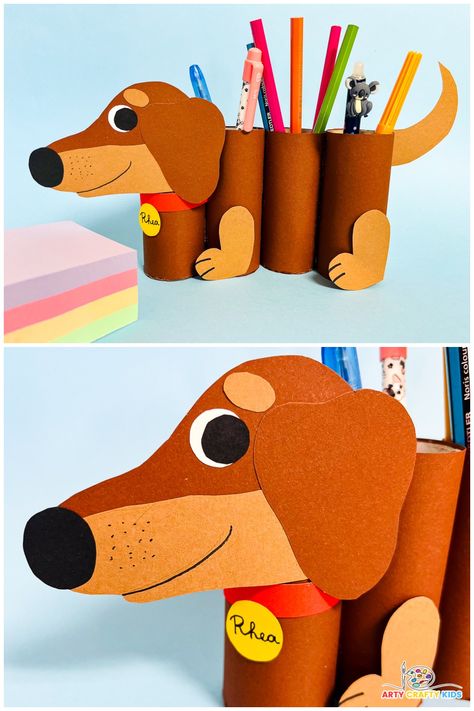 Get ready for back to school with a fun and creative DIY project! Learn how to make an adorable paper roll dog pencil holder. This easy craft is perfect for kids of all ages and a great way to keep your stationery organized. Click to see the full tutorial with a printable template! Dog Diy Crafts, Dog Craft Ideas, Pencil Holders Diy Kids, Dog Crafts For Kids, Pencil Holder Craft, Easy Cardboard Crafts, Animal Pencil Case, Puppy Crafts, Diy Pencil Holder