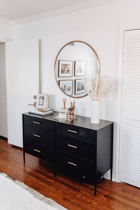 Bedroom Black Dresser Decor, Black Bedroom Dresser Decor, Black Dresser Bedroom Decor, Black Dresser Styling, Bedroom With Black Dresser, Dresser Top Ideas Bedroom, Mirror With Dresser, Black Dresser Bedroom Ideas, Black Bedroom Dresser