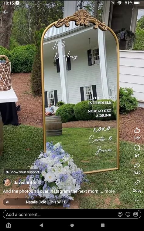 Welcome Mirror Sign, Welcome Mirror, Sage Green Wedding Theme, Cocktail Hour Decor, Green Wedding Theme, 37th Birthday, Mirror Wedding, Drink Garnishing, Wedding Mirror