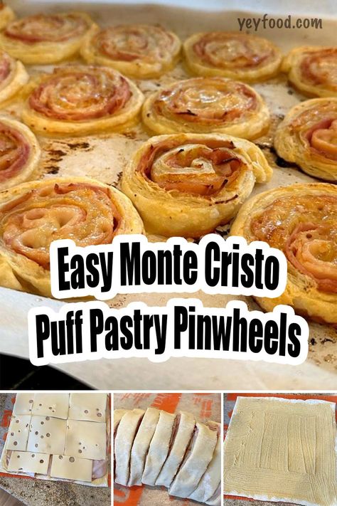 Easy Monte Cristo Puff Pastry Pinwheels - yeyfood.com Monte Crustose Pinwheels, Monty Cristo Pin Wheels, Monte Crispy Pinwheels, Monte Cristina Pinwheels With Puff Pastry, Monte Cristo Pinwheels Party Appetizers, Monte Cristo Sandwich Puff Pastry, Monte Christopher Pinwheels, Holiday Ham Monte Cristo Skewers, Puff Pastry Monte Cristo Pinwheels