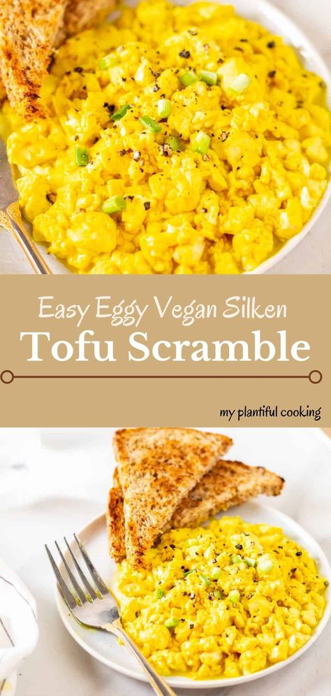 Super eggy and soft, this silken tofu scramble is a really great savory high protein breakfast ! Quick and easy to make. Silken Tofu Egg Scramble, High Protein Tofu Scramble, Vegan Tofu Eggs, Vegan Recipes Silken Tofu, Easy Tofu Breakfast Recipes, Silken Tofu Scrambled Eggs, Silken Tofu Scramble, Tofu Breakfast Scramble, Easy Silken Tofu Recipes