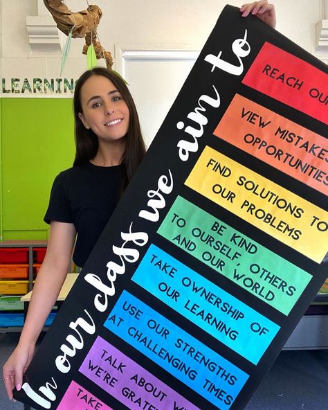 Opportunity Class ☀️ on Instagram: “IN OUR CLASS WE AIM TO... 🎯 COMMENT below if you’re interested in this class display 🙋‍♀️ I wanted to create something for our classroom…” Class Expectations Display, Meet The Class Display, I Can Display Classroom, Leader In Me Classroom Ideas Display, I Can Classroom Display, Class Wish List Display, Class Agreement Ideas, Class Agreement Display, Classroom Agreements Display