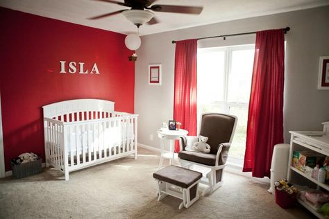 Red and grey nursery for our daughter Red Nursery Girl, Gray Red Bedroom, Red Nursery Boy, Blue Nursery Girl, Grey Boys Rooms, Red Nursery, Grey Nursery Boy, Baby Boy Nursery Colors, Baby Room Themes