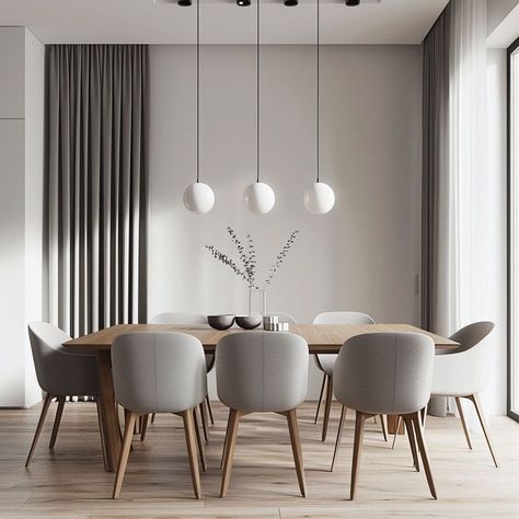 Minimalist Dining Room Design Inspiration Light Grey Curtains, Modern Scandinavian Dining Room, Dining Room Design Minimalist, Dining Room Color Palette, Minimalist Dining Room Table, Contemporary Dining Room Decor, Room Color Palettes, Minimal Dining, Scandinavian Dining Room