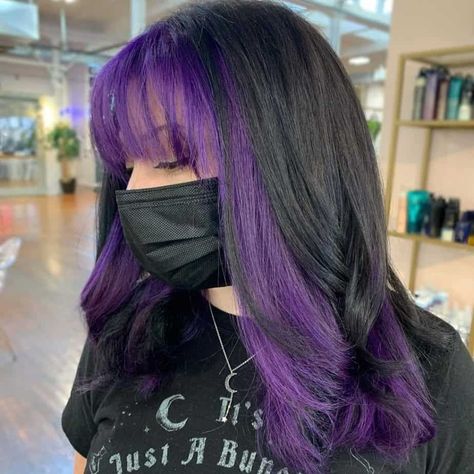 Two Toned Hair Purple, Half Black Half Purple Hair Split, Purple And Black Hair With Bangs, Dark Brown Hair With Purple Tips, Brown Hair With Purple Bangs, Purple Front Pieces Of Hair, Purple Peak A Boo Hair Brunette, Purple Dyed Ends, Purple Hair With Black Tips