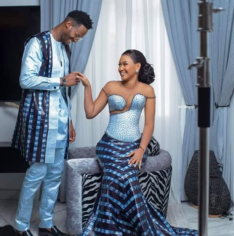 Blue And White African Wedding Dress, Senegalese Couple Outfit, Dineo Moeketsi Traditional Wedding Dress, Yoruba Couples Traditional Outfits, Blue Bazin Styles, Couples African Outfits, African Models, Traditional Attire, Wedding Prep