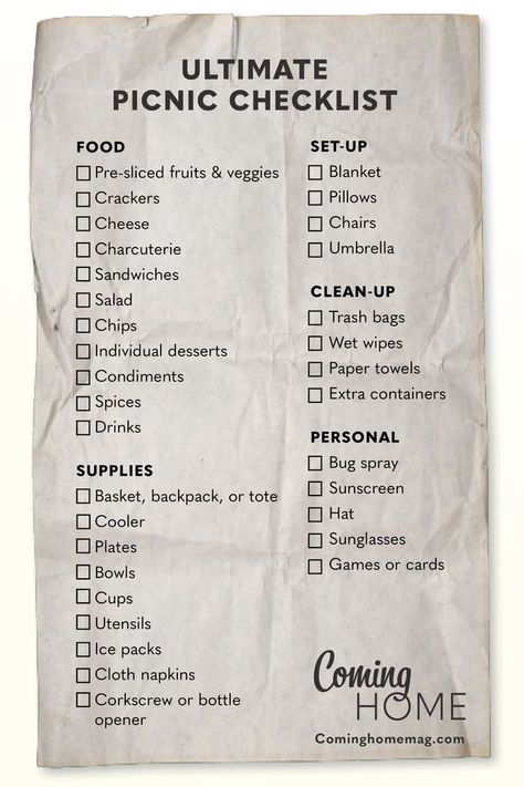 ultimate picnic checklist Picnic Food Checklist, Picnic Checklist Packing Lists, Picnic Food Simple, Food For Picnic Ideas Summer, How To Plan A Picnic Date, How To Plan A Picnic, Picnic Hacks Outdoor, Things To Do At A Picnic, Picnic Snack Ideas Simple