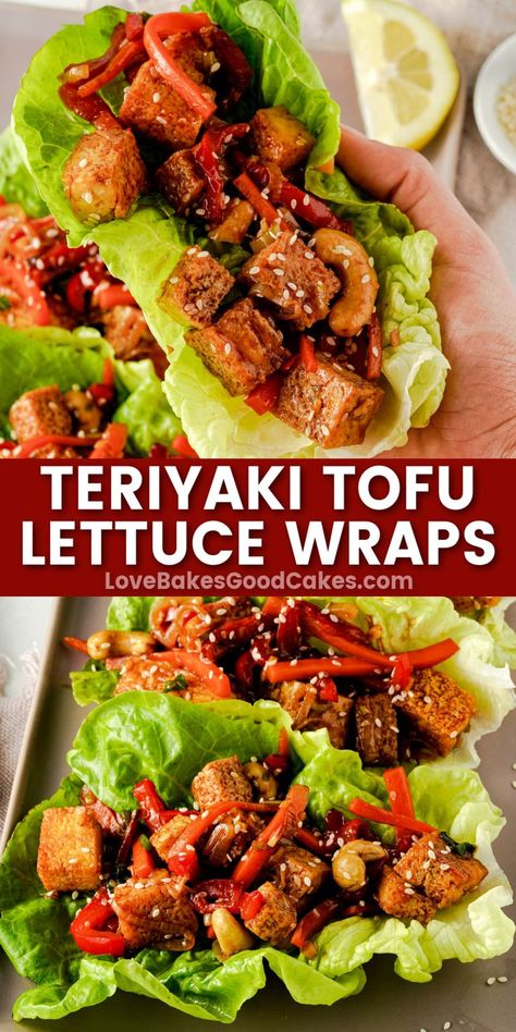 Teriyaki Tofu Lettuce Wraps pin collage Terriyaki Tofu, Healthy Dinner Ideas Vegetarian, Fitness Dinner, Tofu Teriyaki, Tofu Lettuce Wraps, Salat Wraps, Dinner Ideas Vegetarian, Tofu Wraps, Lettuce Recipes