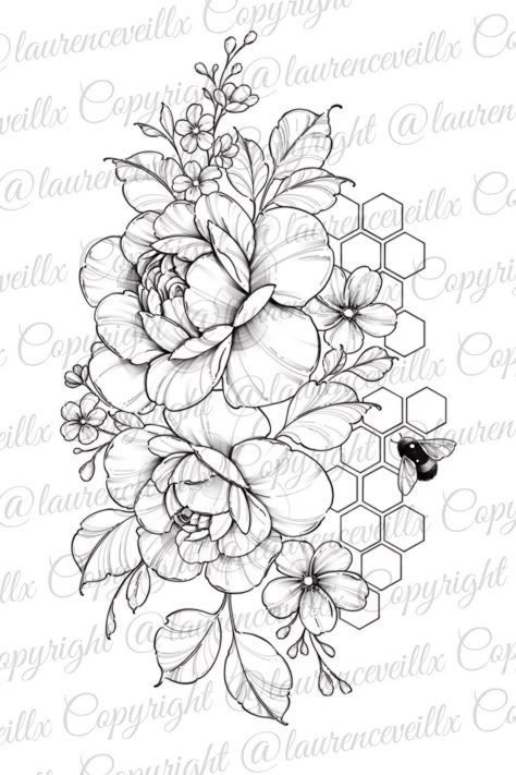 Tattoo Template Printables, Bee And Flower Tattoo, Tattoo Printable, Men Flower Tattoo, Honeycomb Tattoo, Printable Stencil, Tattoo Zeichnungen, Floral Tattoo Sleeve, Flower Tattoo Sleeve