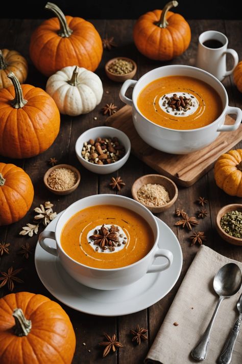 A photo of a  Pumpkin Spice Fall Soup which is a type of Fall Soups Pumpkin Spice Soup, Autumn Cooking Aesthetic, Fall Harvest Aesthetic, Fall Soup Aesthetic, Pumpkin Soup Aesthetic, Fall Dinner Aesthetic, Autumn Aesthetic Food, Fall Recipes Aesthetic, Soups Aesthetic