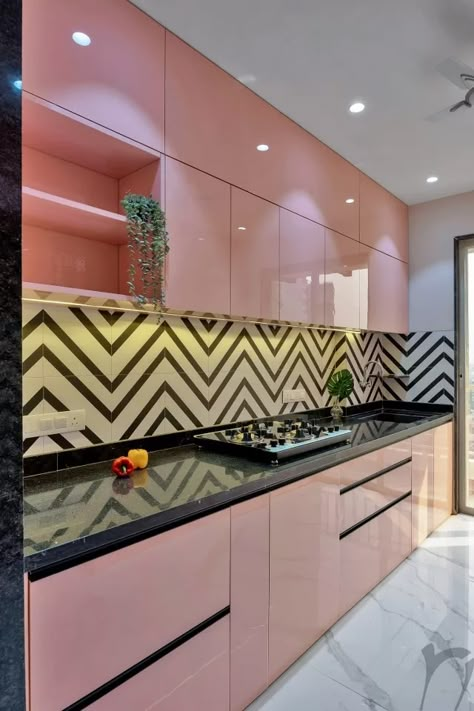 This Distinctive Apartment Design Pulls Off A Striking Balance That Matches The Client’s Taste And Budget | RN Deesign - The Architects Diary Best Kitchen Furniture Designs, Small Kitchen Furniture Design, Kitchen Interior Pink, Kitchen Arch Design Modern, Best Kitchen Designs Modern, Small House Decorating Ideas, Kitchen Interior Modern, Furniture Design Kitchen, درج السلم