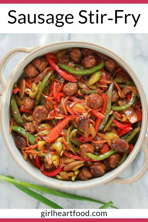 If you're looking for an easy, satisfying supper that's perfect for busy weeknights, then give this yummy sausage stir-fry recipe a try! It's loaded with flavourful sausage, colourful veggies and a simple stir-fry sauce. #stirfryrecipe #stirfrywithsausage #sausagestirfry Keto Sausage Stir Fry, Sausage Veggie Stir Fry, Sausage And Veggies Stirfry, Sausage Stir Fry Sauce, Sausage And Broccoli Stir Fry, Polish Sausage Stir Fry Recipes, Stir Fry Meatballs, Chicken Sausage Stir Fry Recipe, Bratwurst Stir Fry